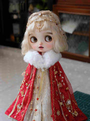 Handmade Outfit for Blythe/Obitsu, Rhinestone Chain Red Cape Dress Set