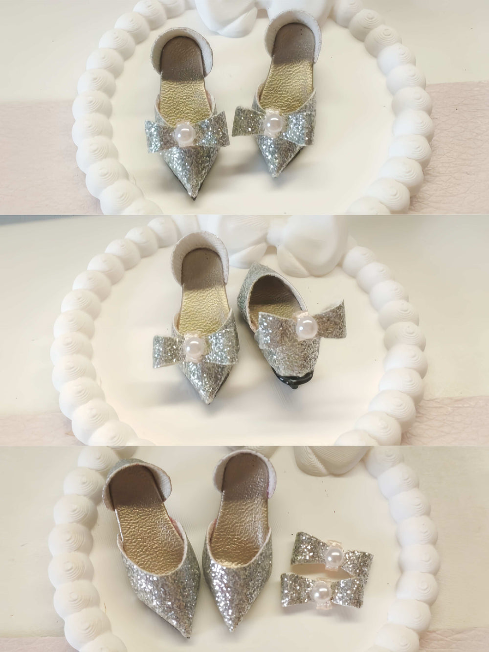 Glitter Pearl Bow Silver Blythe High Heels Flat Lay | ToastDoll