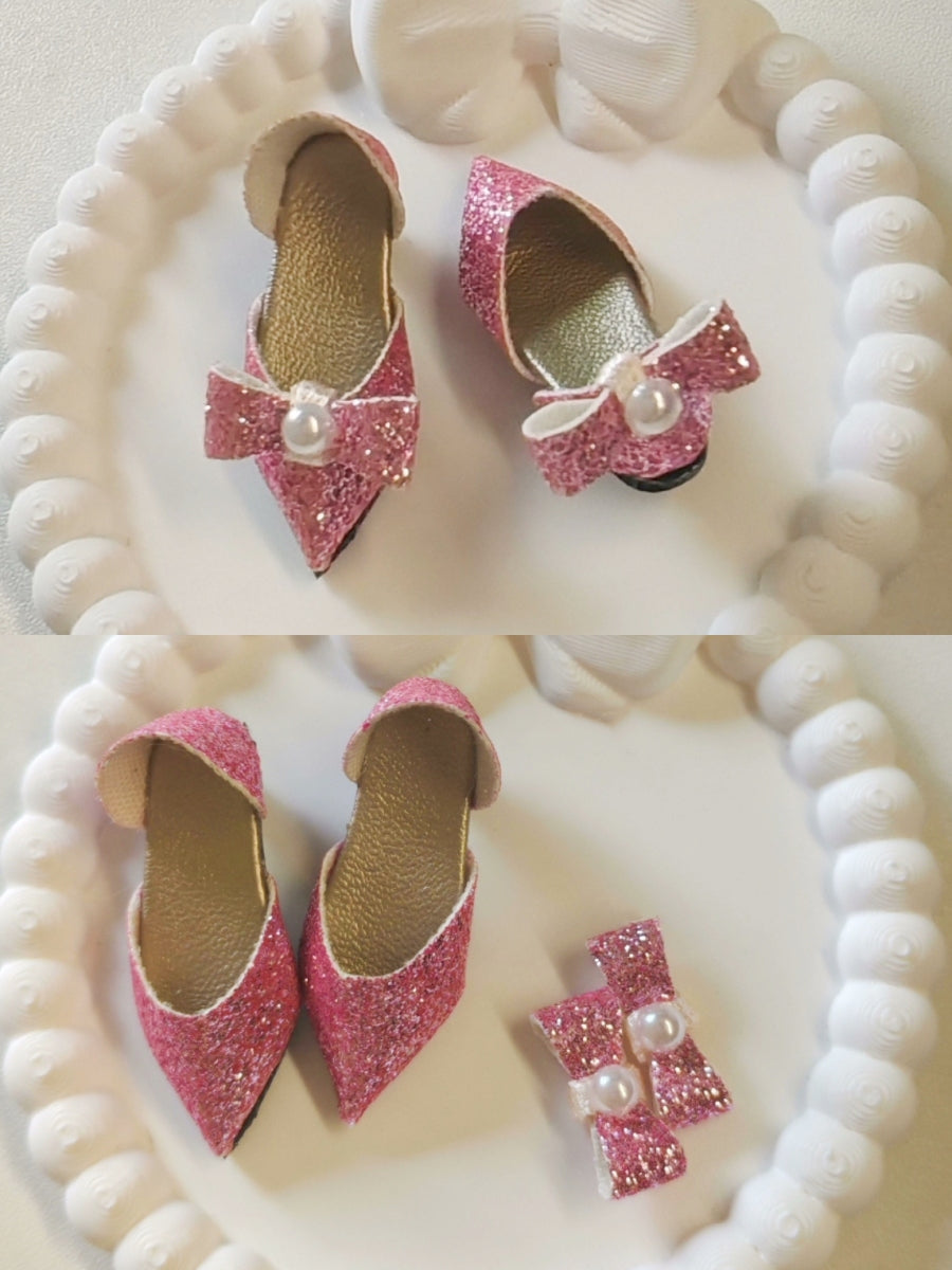 Glitter Pearl Bow Pink Blythe High Heels Flat Lay | ToastDoll