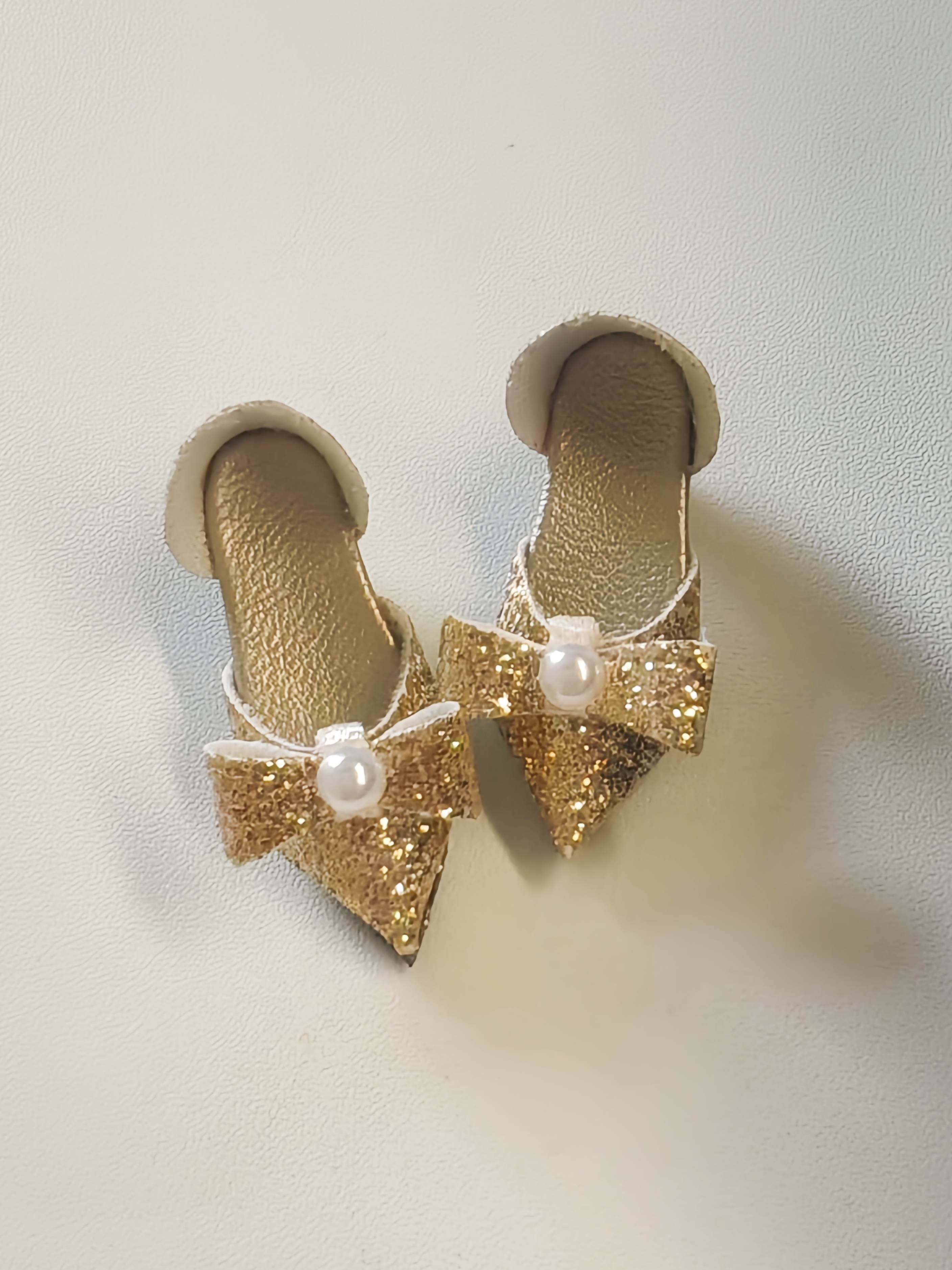 Glitter Pearl Bow Champagne Gold Blythe High Heels | ToastDoll