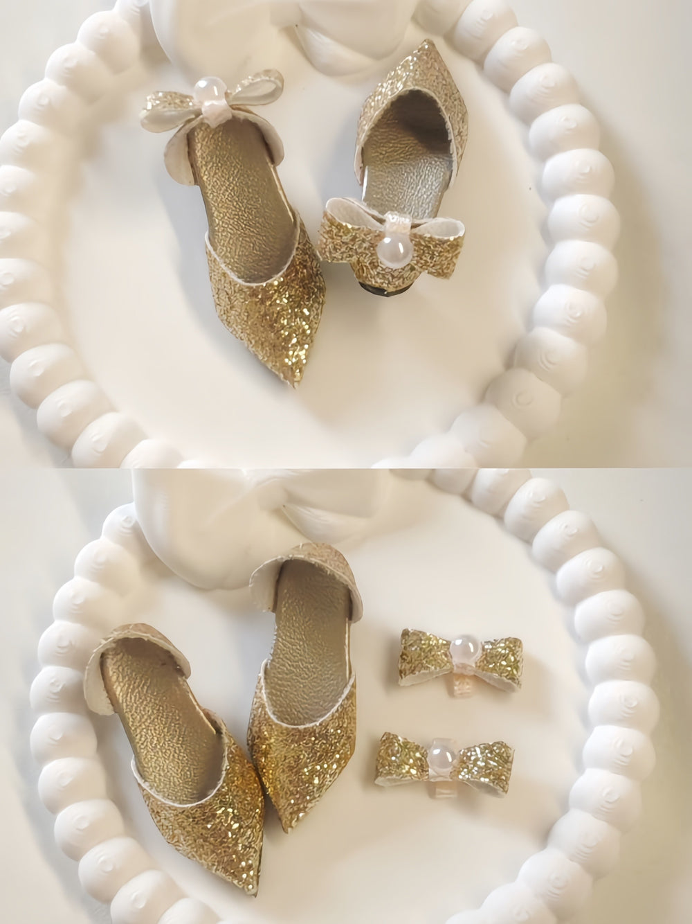 Glitter Pearl Bow Champagne Gold Blythe High Heels Flat Lay | ToastDoll