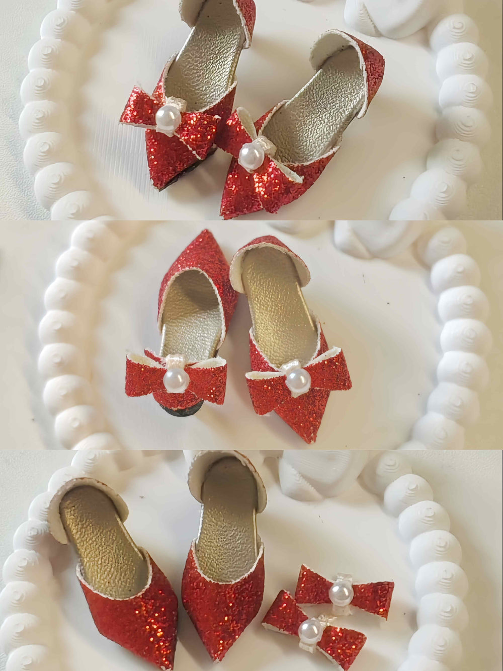 Glitter Pearl Bow Red Blythe High Heels Flat Lay | ToastDoll
