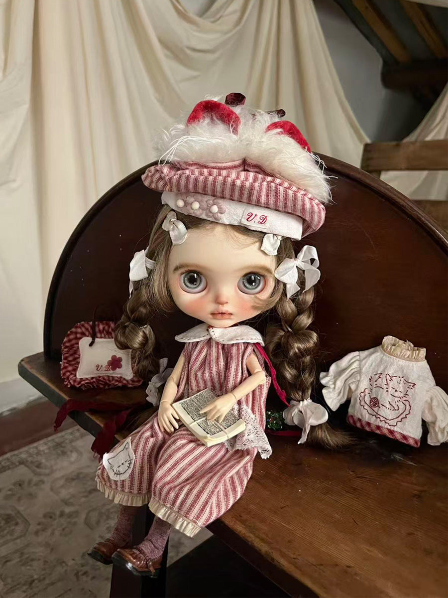 Handmade Outfit for Blythe/Pullip, Red Striped Meow Set