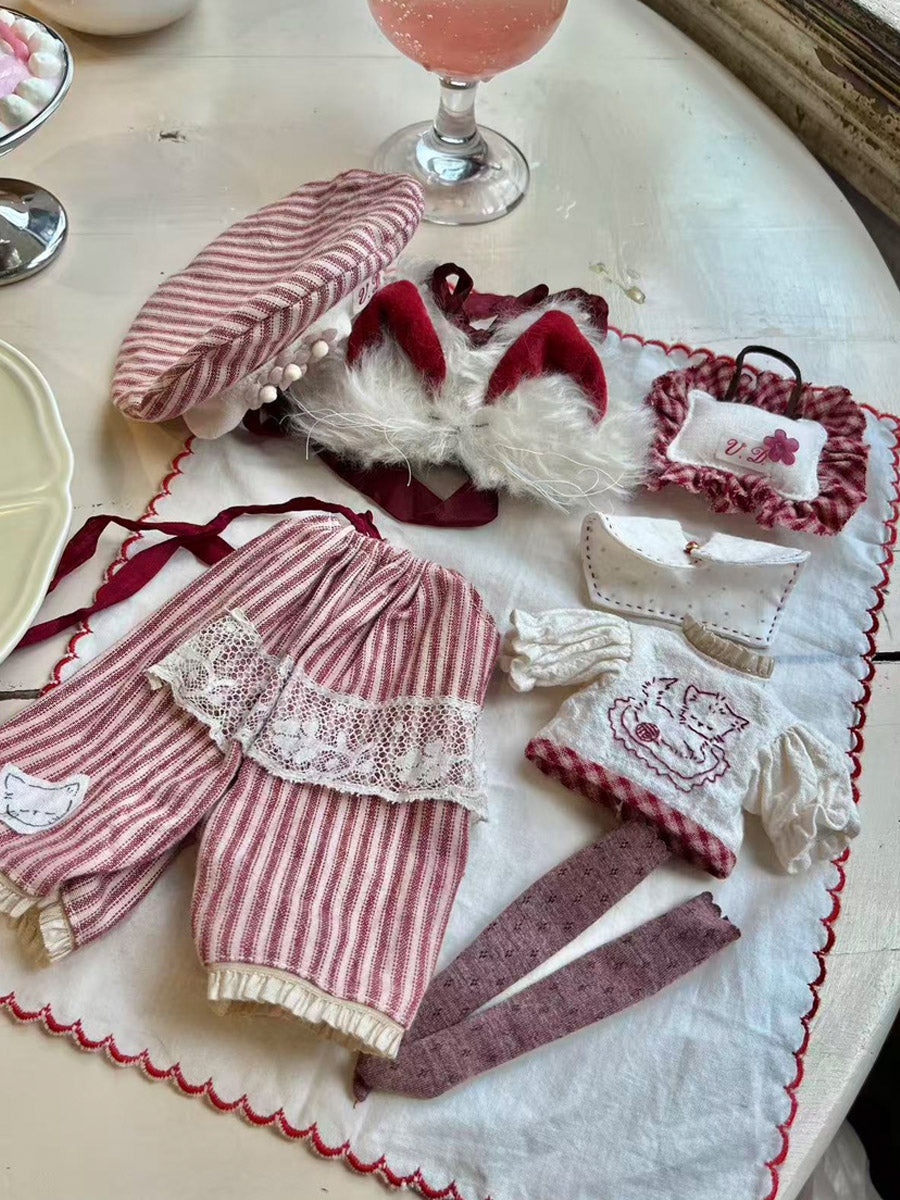 Handmade Outfit for Blythe/Pullip, Red Striped Meow Set