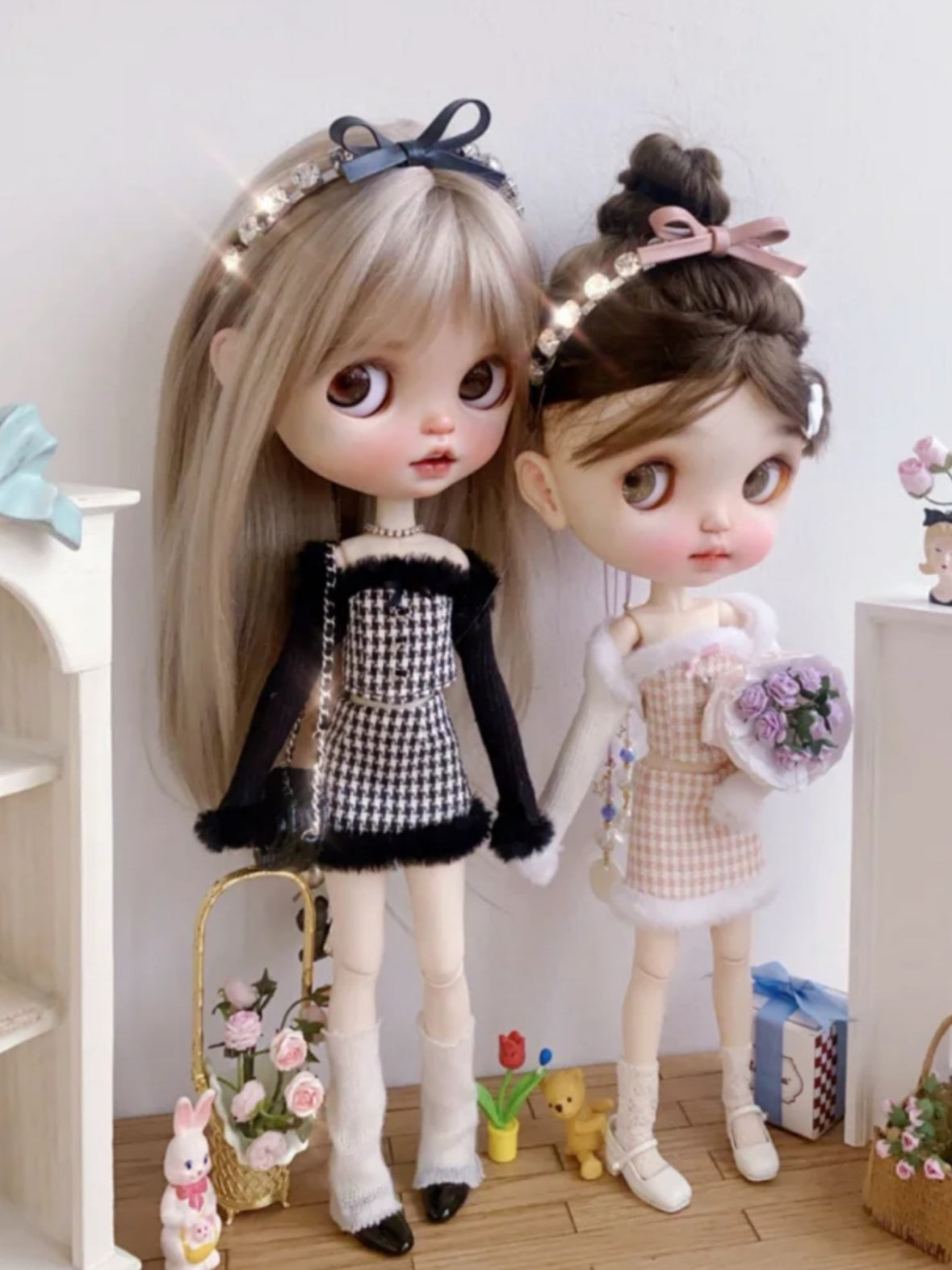 Handmade Outfit for Blythe/Obitsu,Faux Fur Plaid Corset Top Skirt Suit