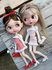 Handmade Outfit for Blythe/Obitsu,Faux Fur Plaid Corset Top Skirt Suit