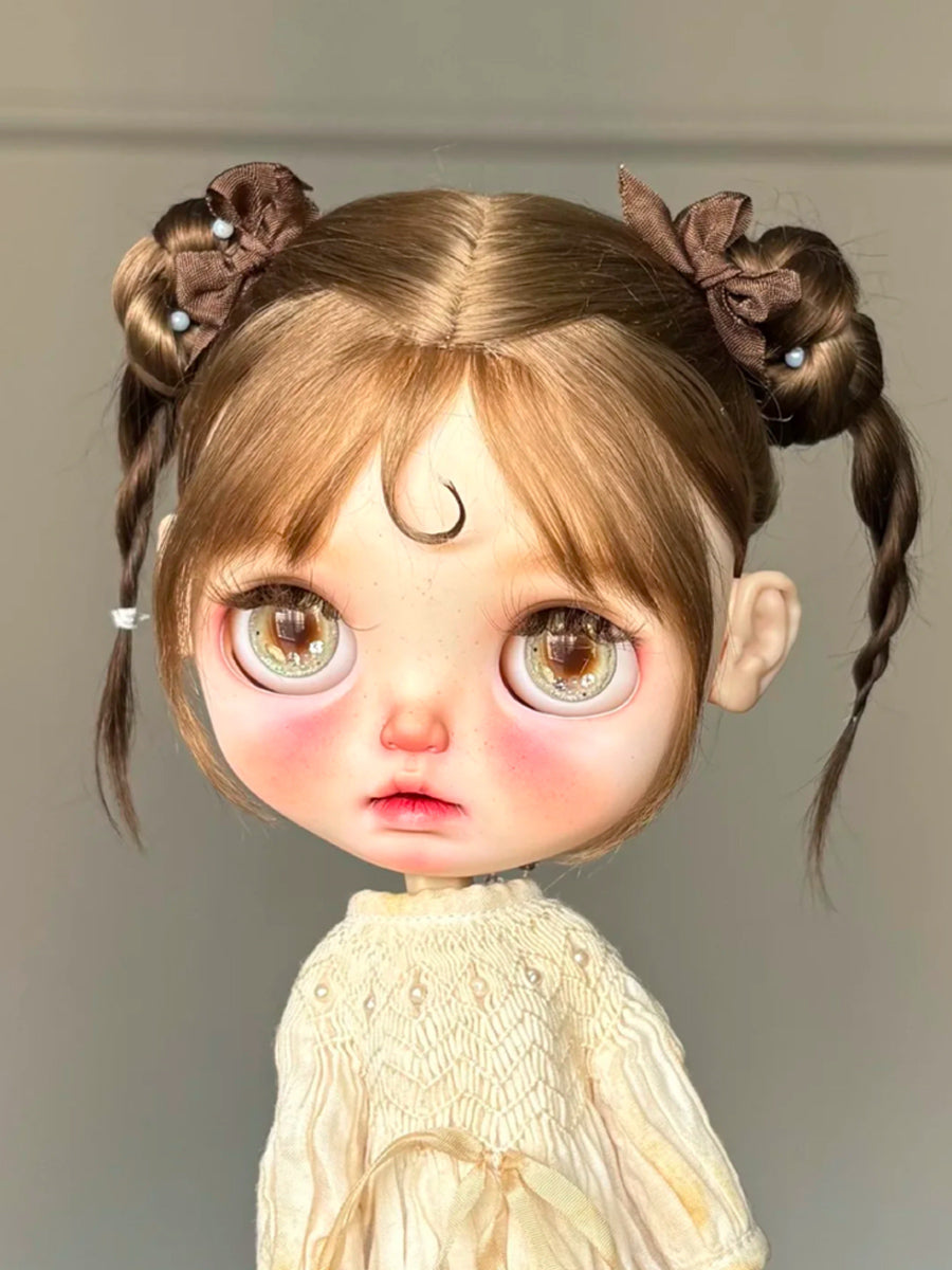 Handmade Blythe Wig, Twin Side Tiny Buns with Bangs