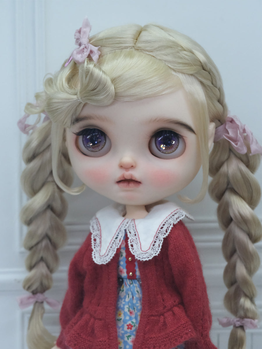Handmade Blythe Wig, Twin Side Braids with Bow Bangs