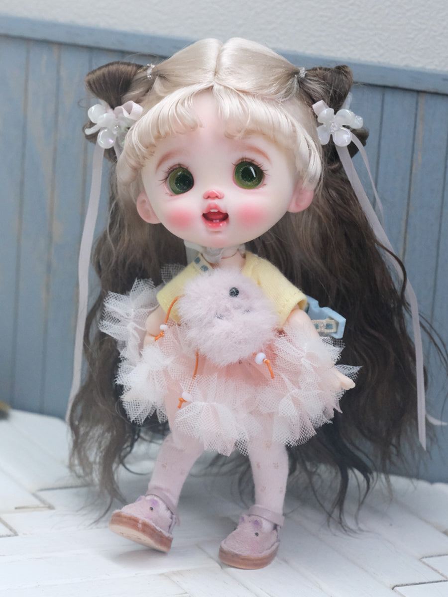 Handmade Ob11  Wig, Two Tone White Dark Waves with Bangs