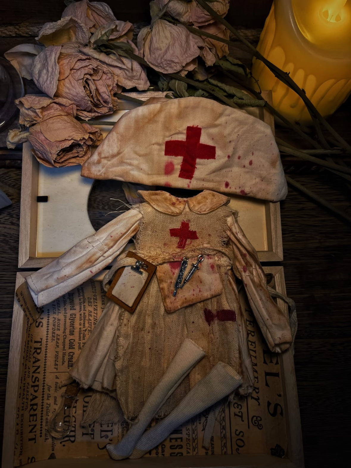 Bloodstained Aged Nurse Blythe Outfit Flat Lay | ToastDoll