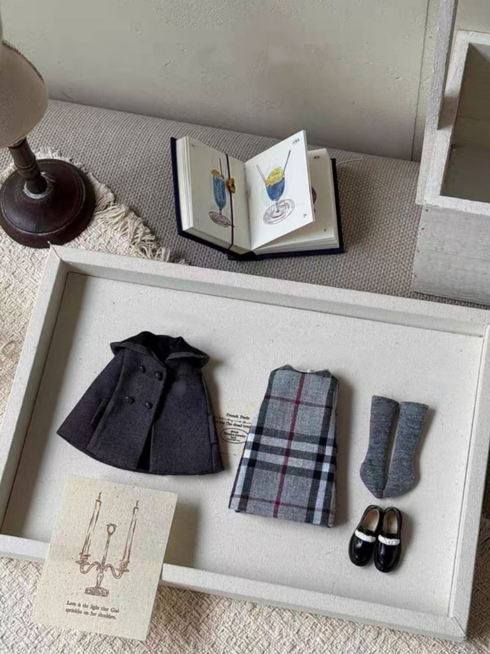 Vintage Check Preppy Blythe 1/6 BJD Outfit  Grey Dress  | ToastDoll