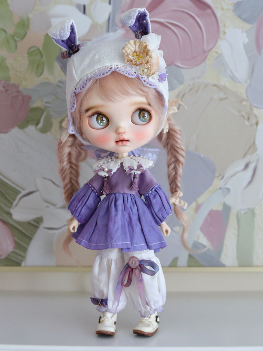 Handmade Outfit for Blythe/Pullip, Country Bunny Hat Pants Set in Purple