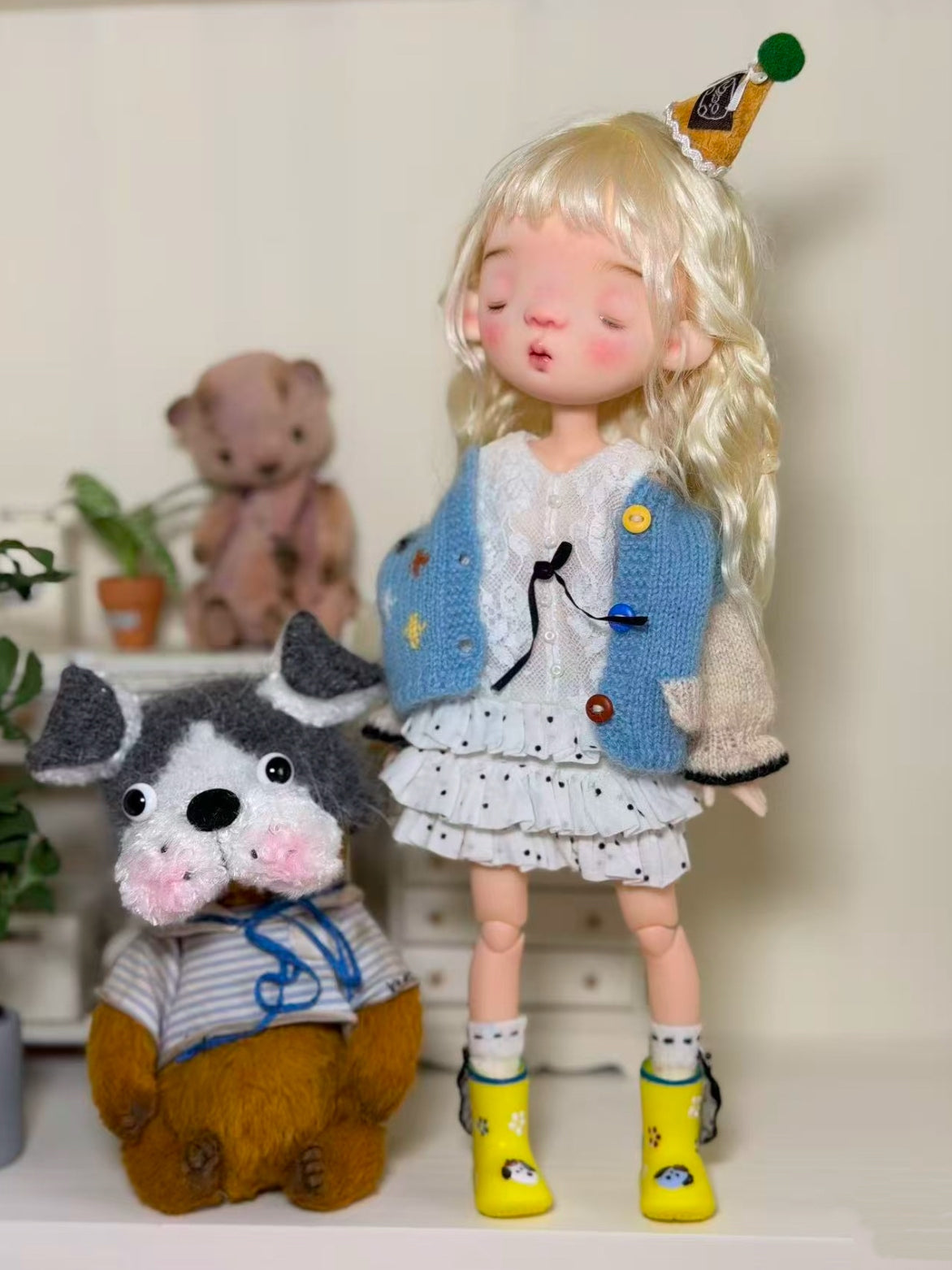 Puppy Sweater Tiered Dress 1/6 BJD Light-Blue Outfit On Doll Display | ToastDoll
