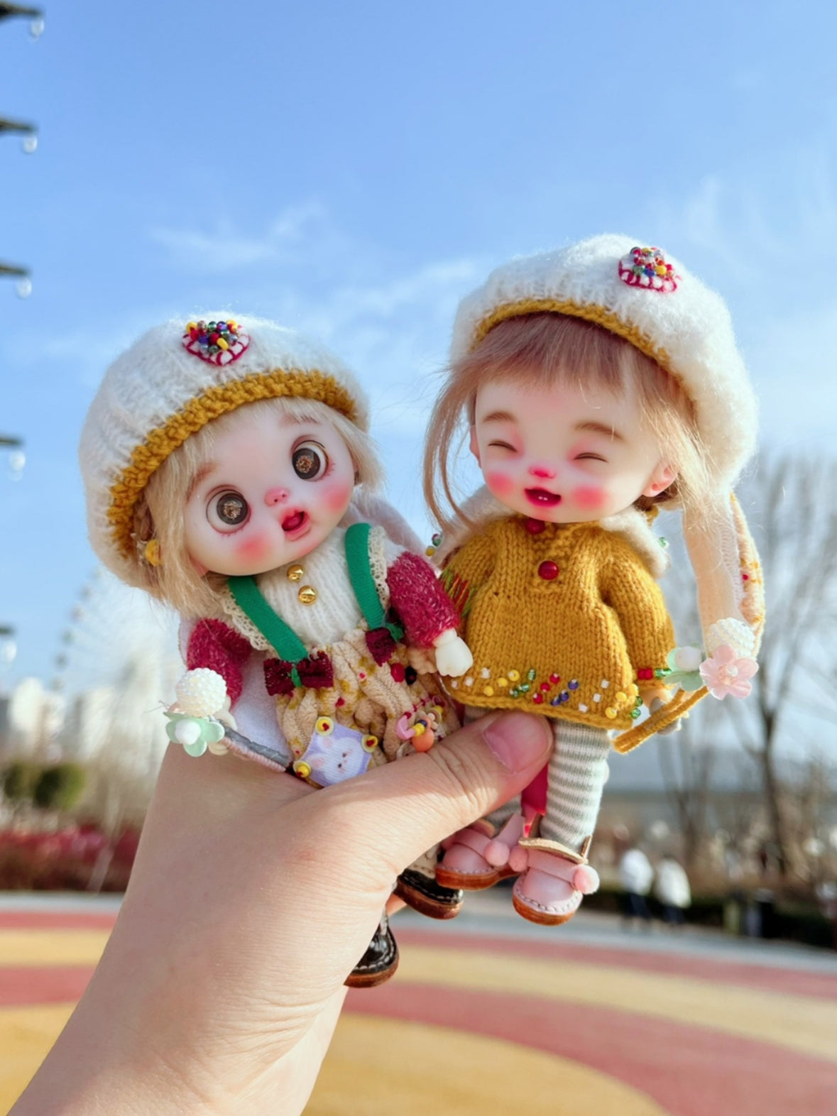 Bunny Ear Colorful Knit OB11 Outfit On Doll Display | ToastDoll