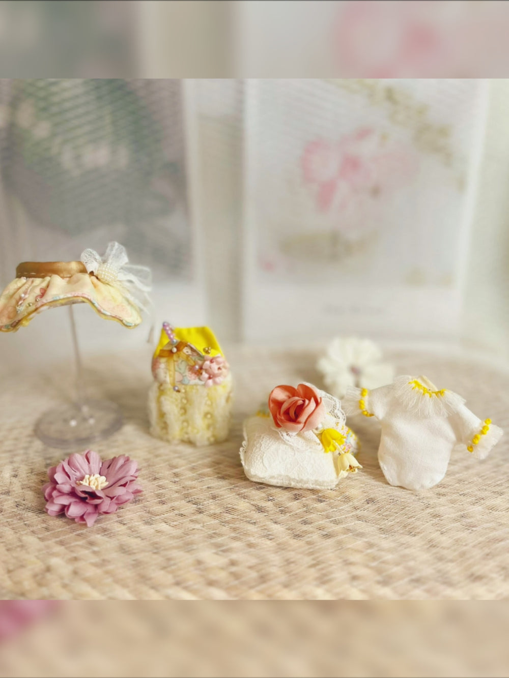 Lace Floral Pastel Beaded OB11 Yellow Outfit Flat Lay | ToastDoll