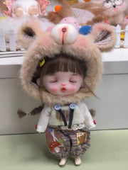 Plush Strawberry Bear Hat Baggy Pants OB11 Outfit On Doll Display | ToastDoll