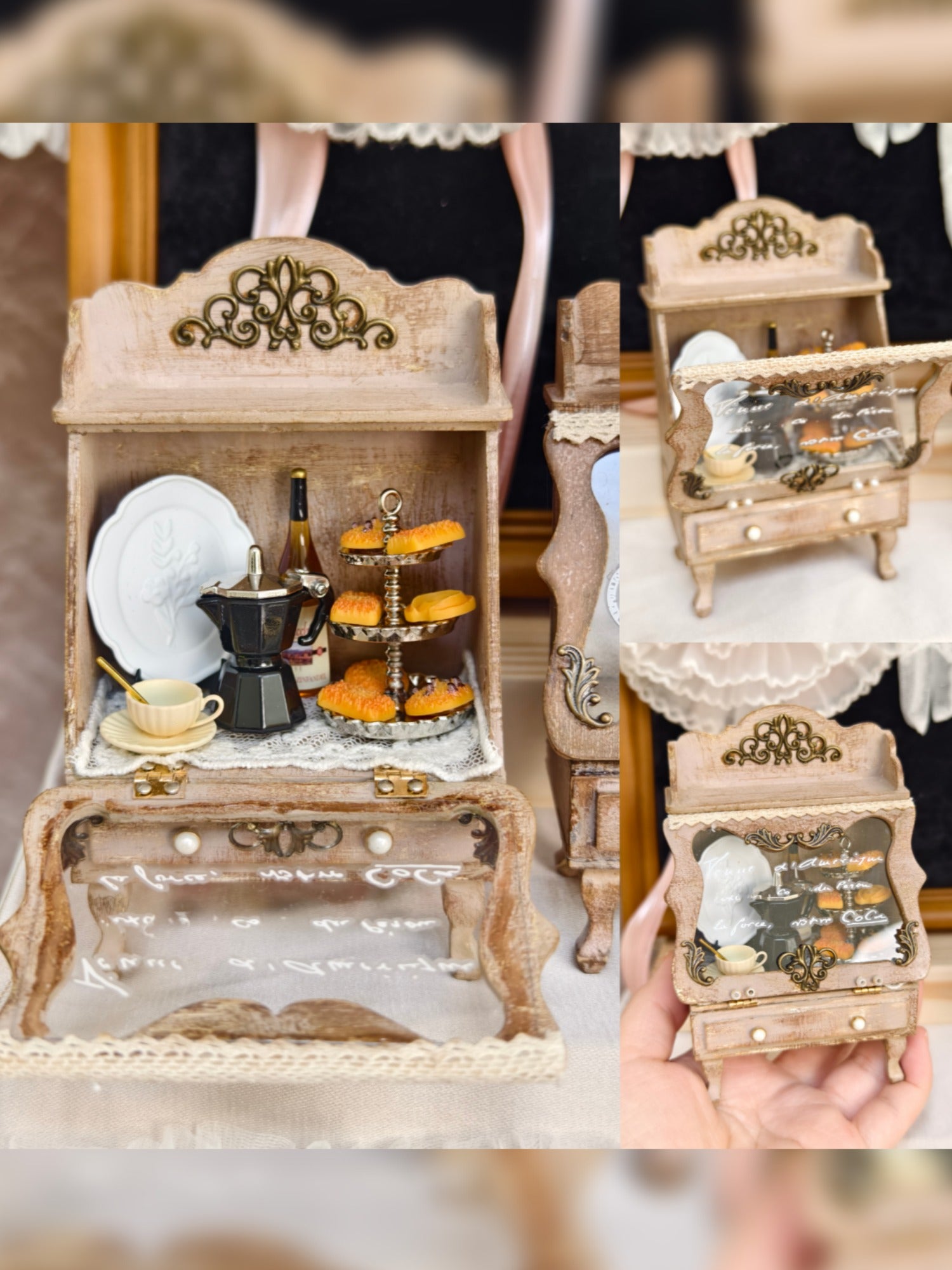 1/6 1/12 Scale Miniature Dollhouse Coffee Display Cabinet with Glass Door