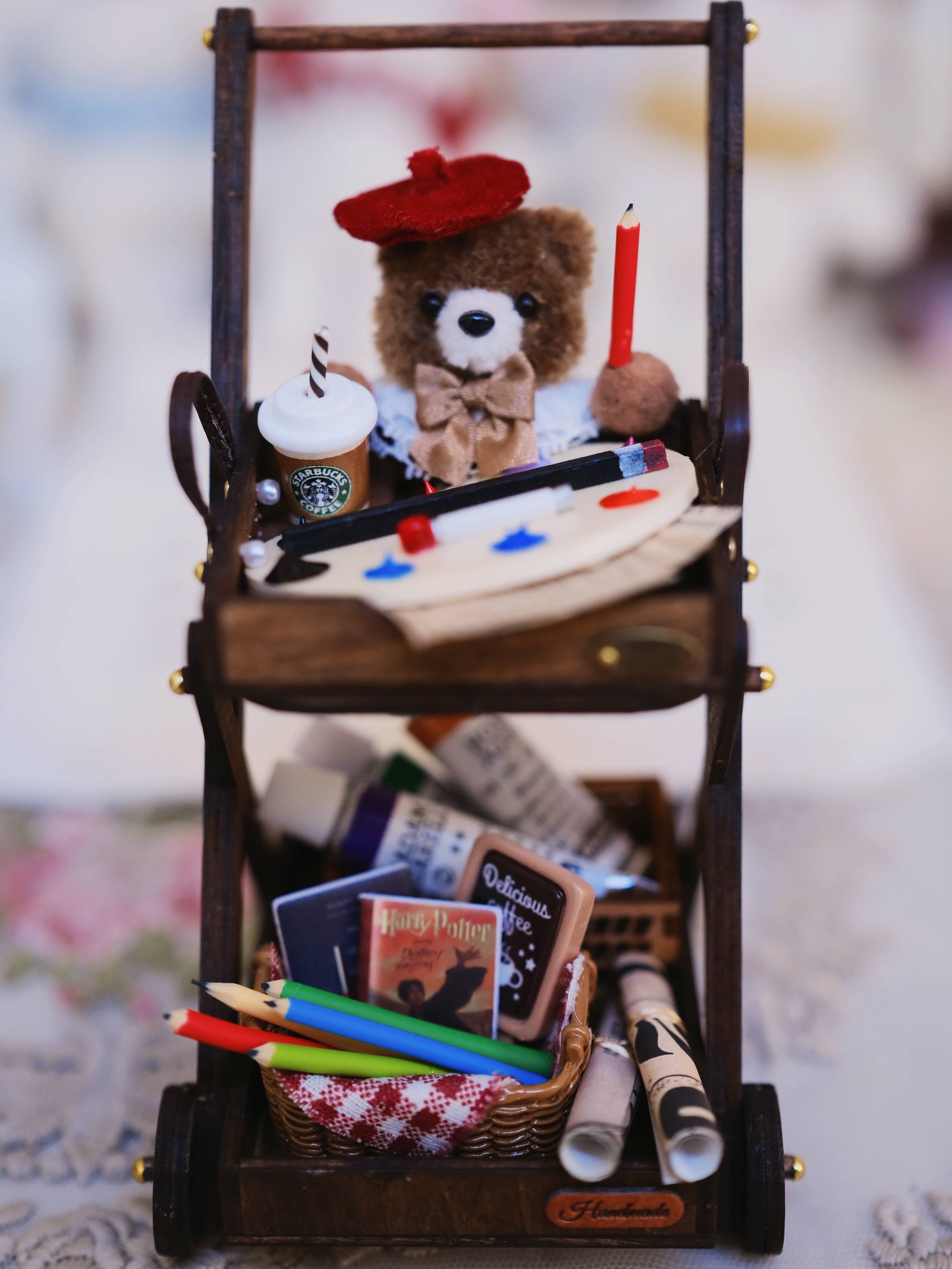 1/6 1/12 Scale Miniature Dollhouse Animal Cart with Miniature Accessories