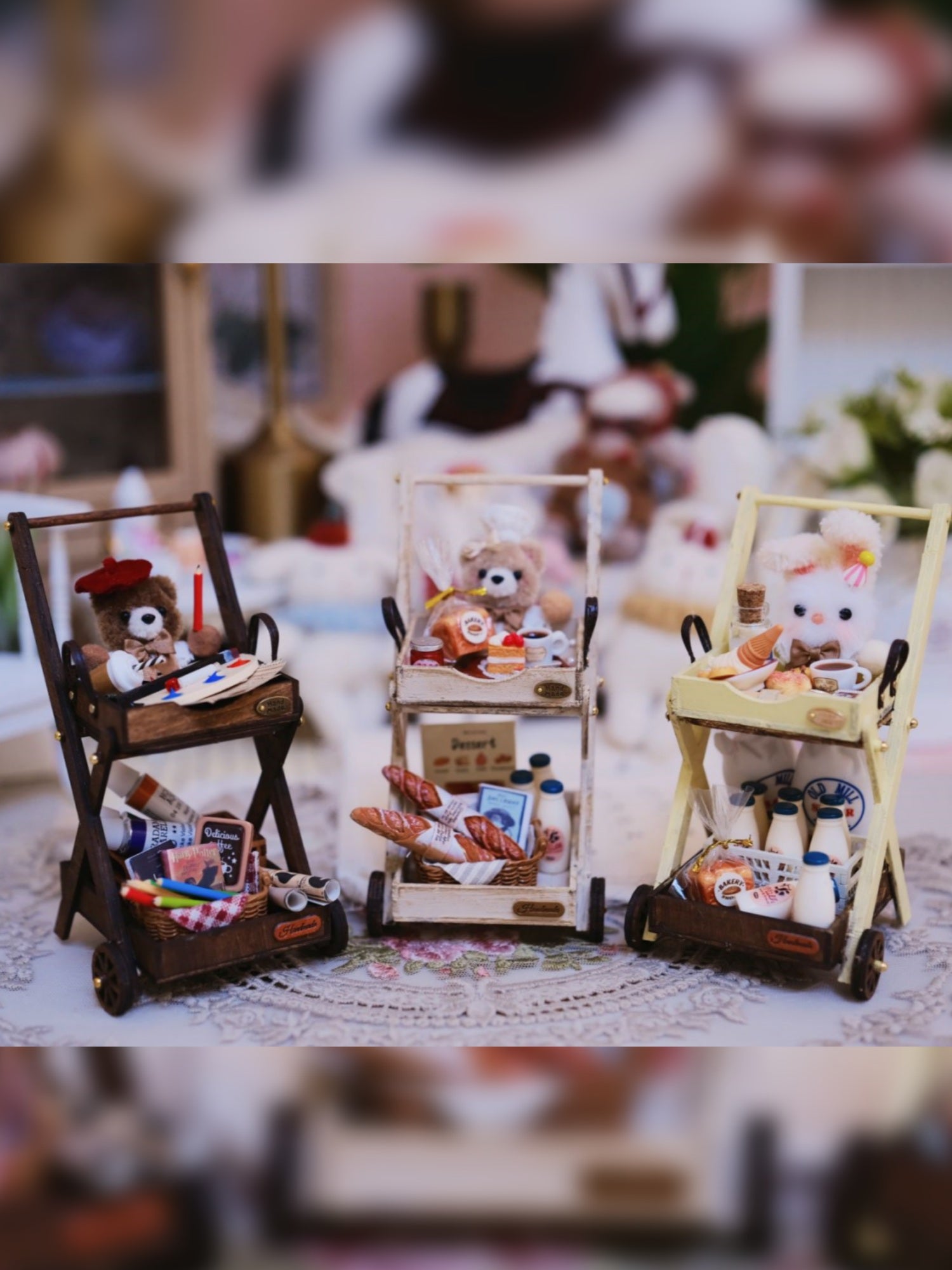 1/6 1/12 Scale Miniature Dollhouse Animal Cart with Miniature Accessories