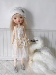 White Pleated Blythe 1/6 BJD Dress Set On Doll Display | ToastDoll