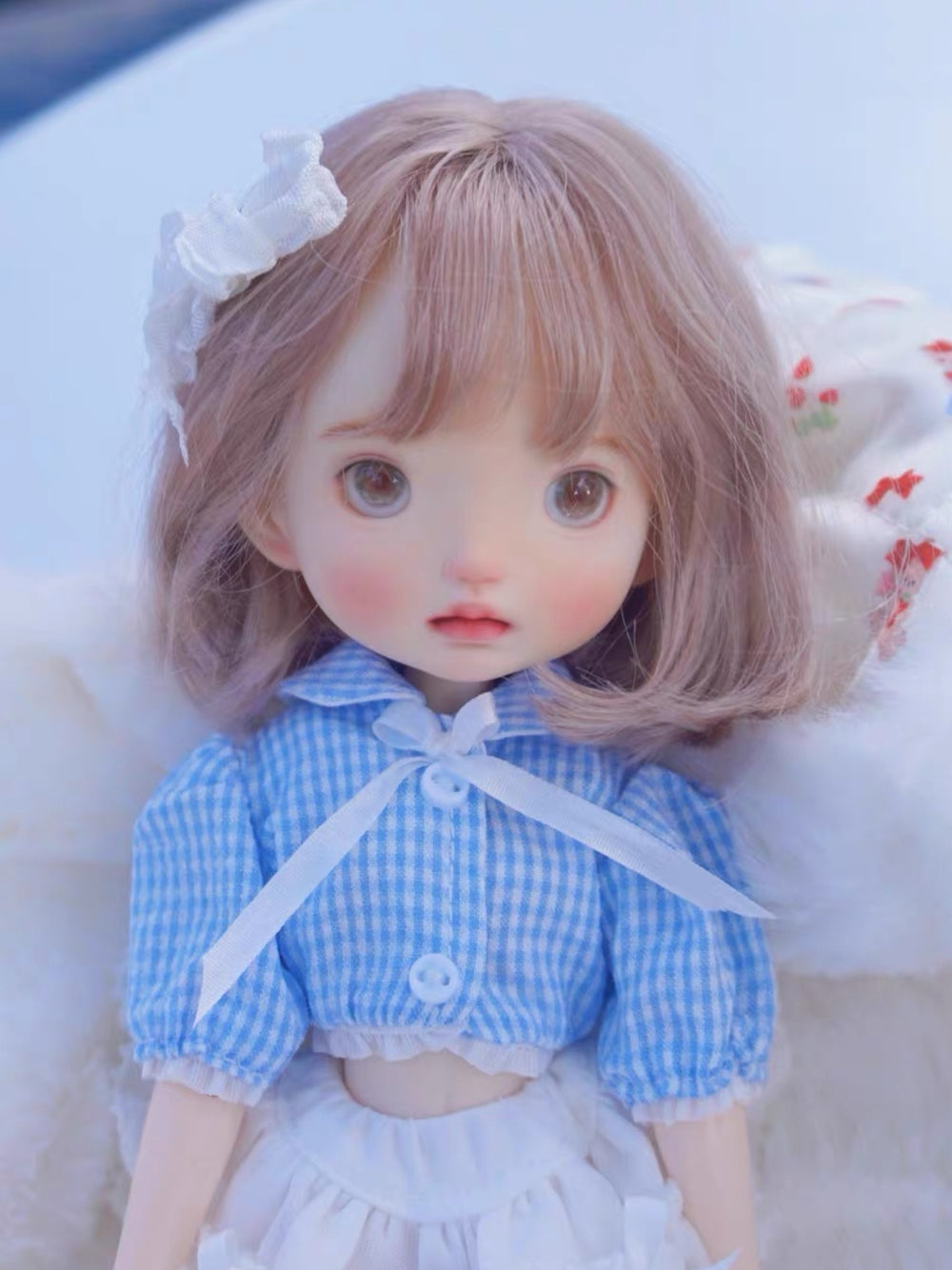 Plaid Puff Sleeve Blythe 1/6 BJD Light-Blue Outfit Close-up | ToastDoll