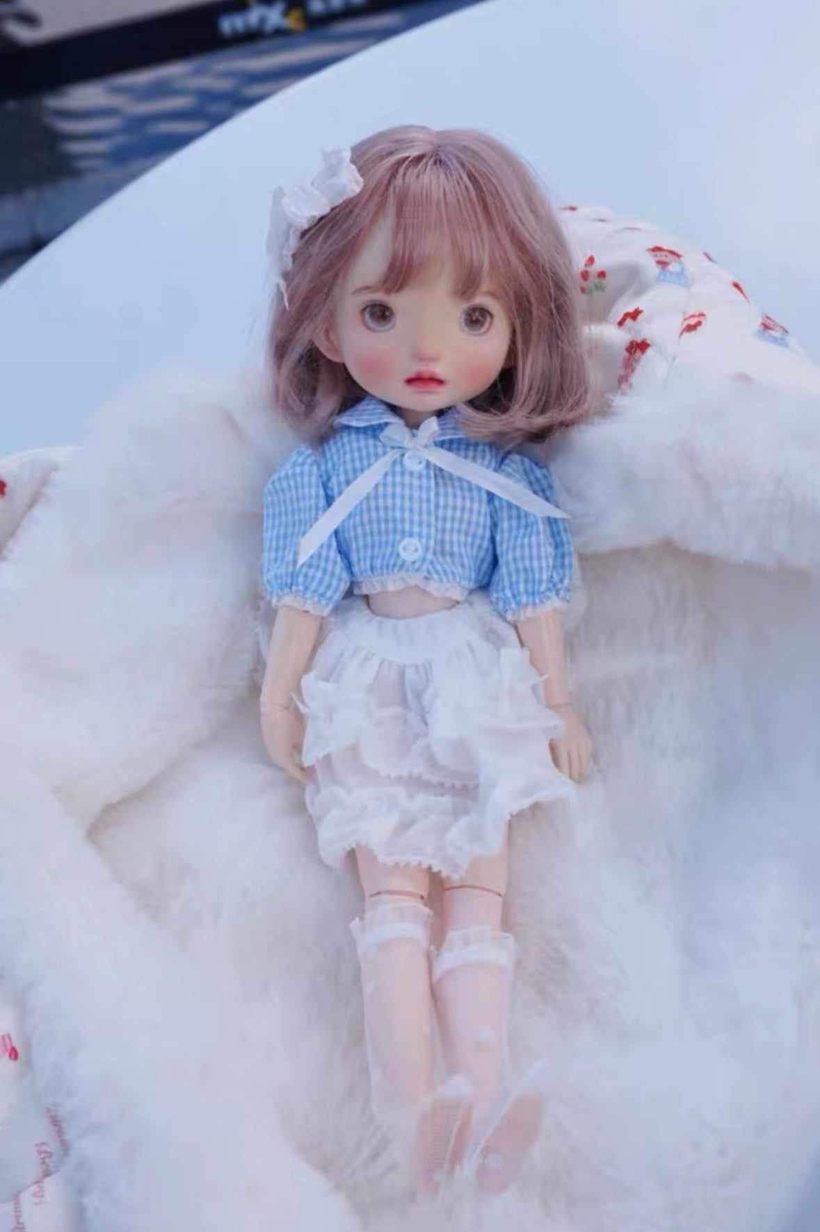Plaid Puff Sleeve Blythe 1/6 BJD Light-Blue Outfit On Doll Display | ToastDoll