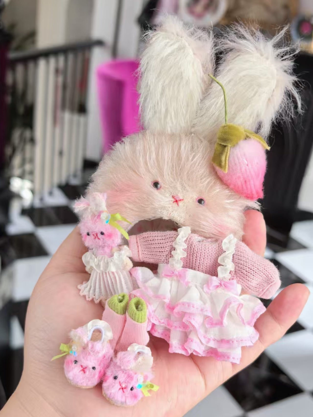 Fluffy Bunny Blythe Ob11 Pink Outfit Flat Lay | ToastDoll