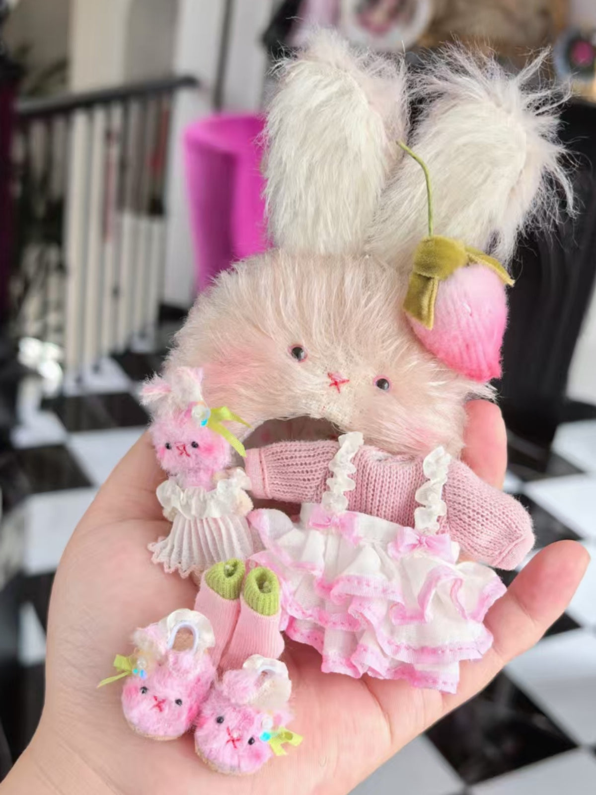 Fluffy Bunny Blythe Ob11 Pink Outfit Flat Lay | ToastDoll