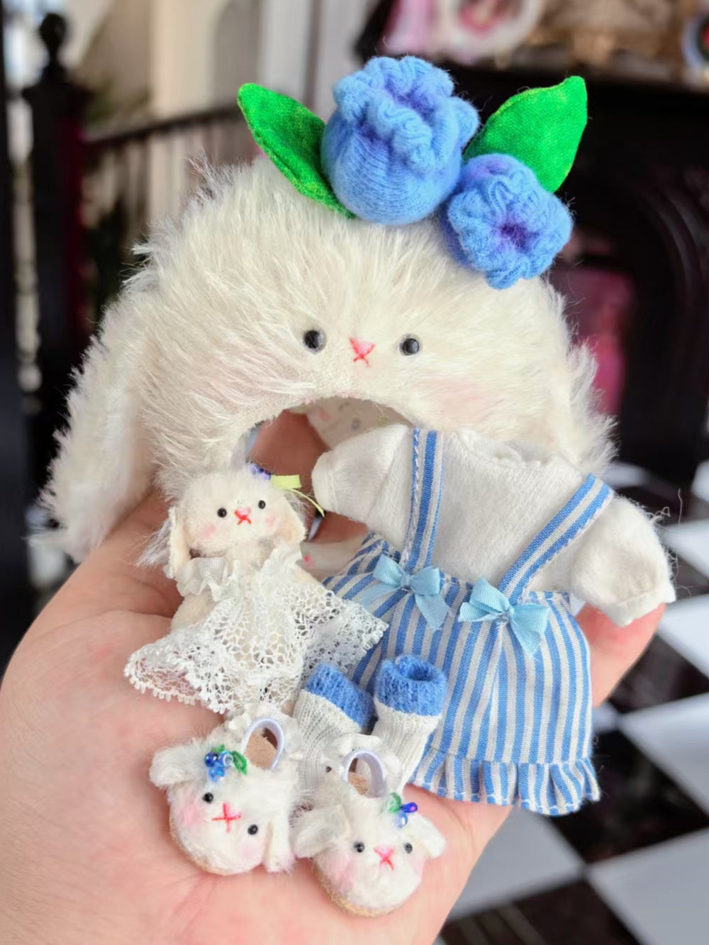 Fluffy Bunny Blythe Ob11 Blue Outfit Flat Lay | ToastDoll