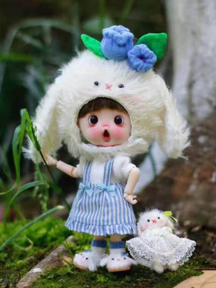 Fluffy Bunny Ob11 Blue Outfit On Doll Display | ToastDoll