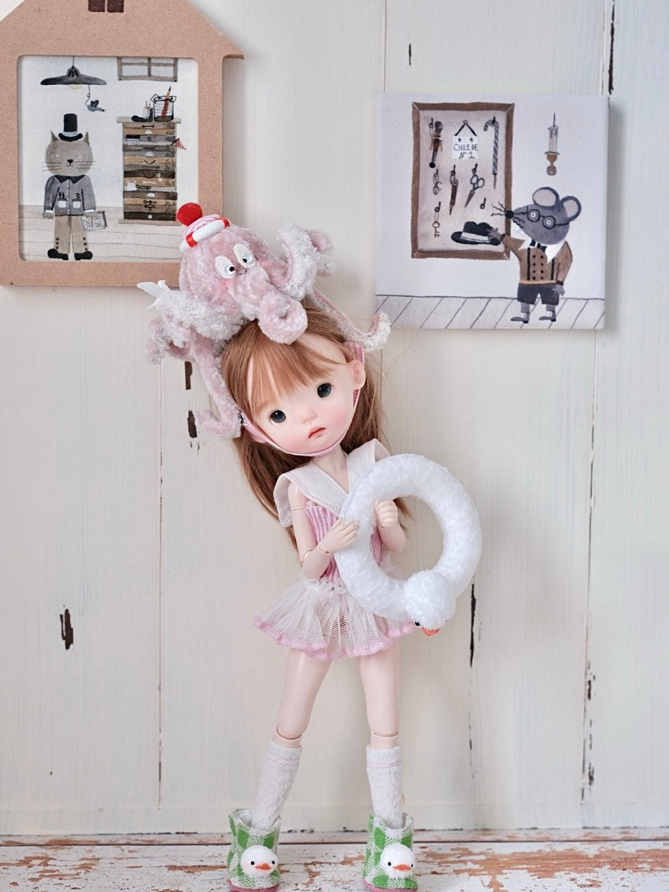 Pink Summer Octopus Blythe BJD OB11 Set On Doll Display | ToastDoll