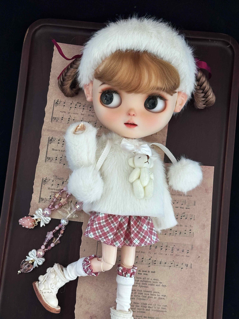 Cute Fuzzy Bear Tartan Blythe Outfit Front View | ToastDoll