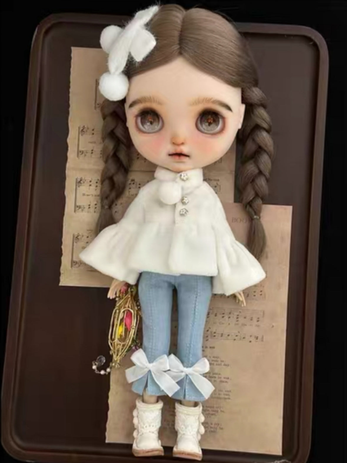 Chic Velvet Blouse Blythe Jeans Outfit On Doll Display | ToastDoll
