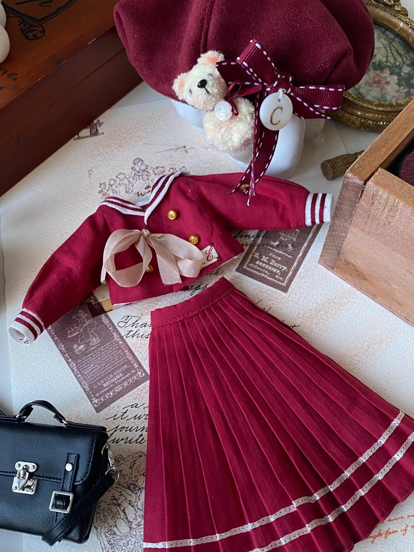 Red School Uniform Blythe Outfit - Handmade Doll Clothes - ToastDoll