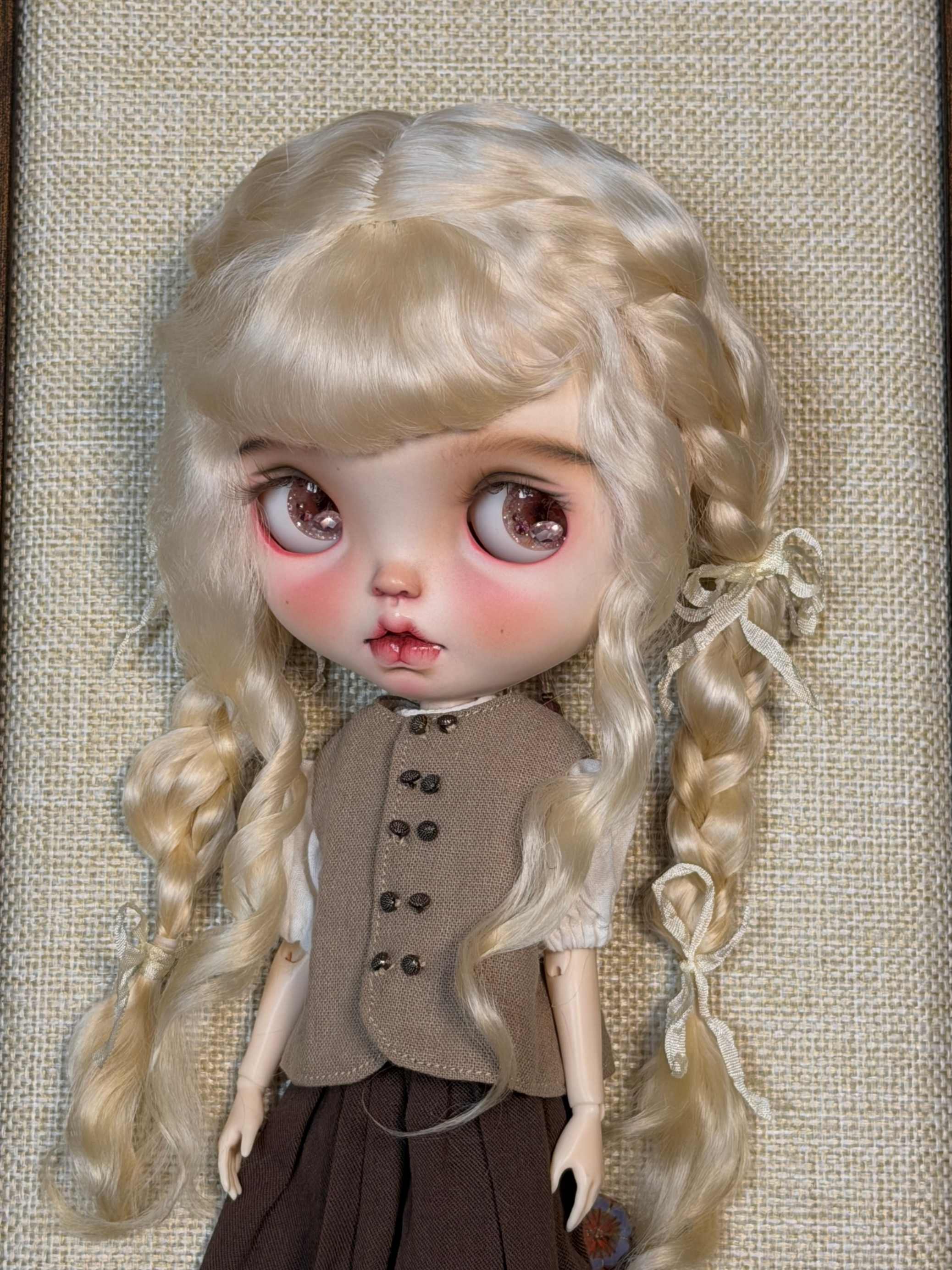 Bangs Double Braided Pigtails Blythe Wig - Handmade Doll Hair - ToastDoll