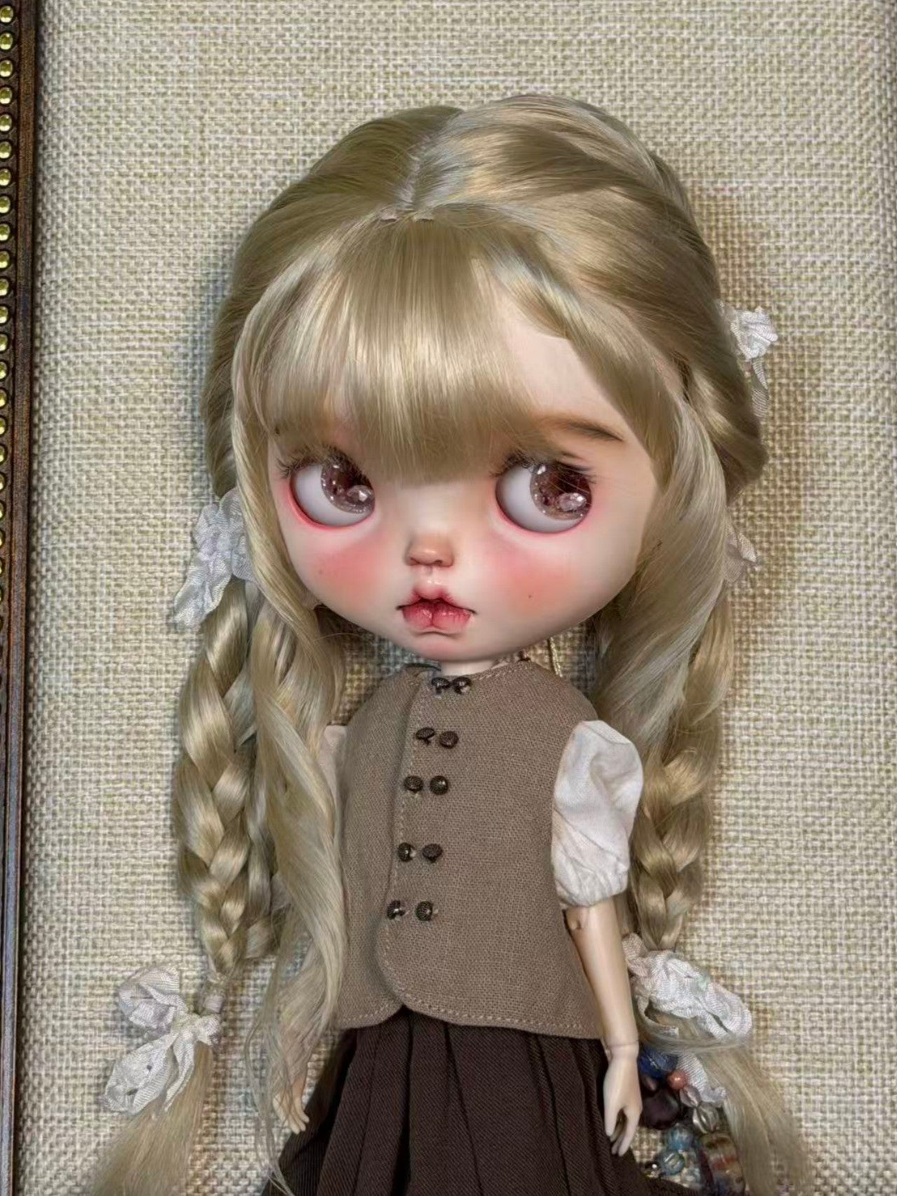 Bangs Double Braided Pigtails Blythe Wig - Handmade Doll Hair - ToastDoll